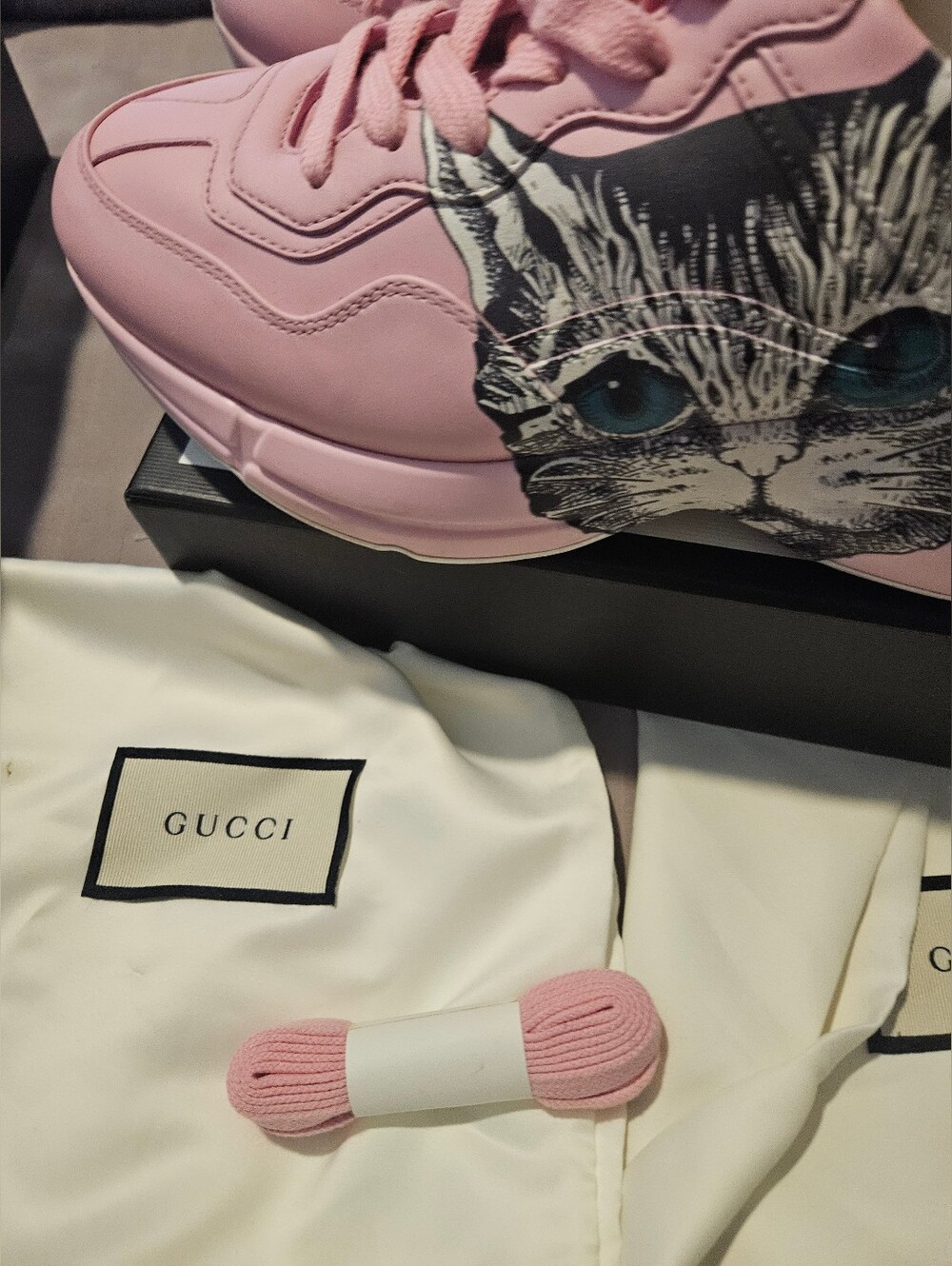 Gucci Pink Sneakers with Cat Graphic and Teal Eyes Sz 37 - Picture 3 of 16